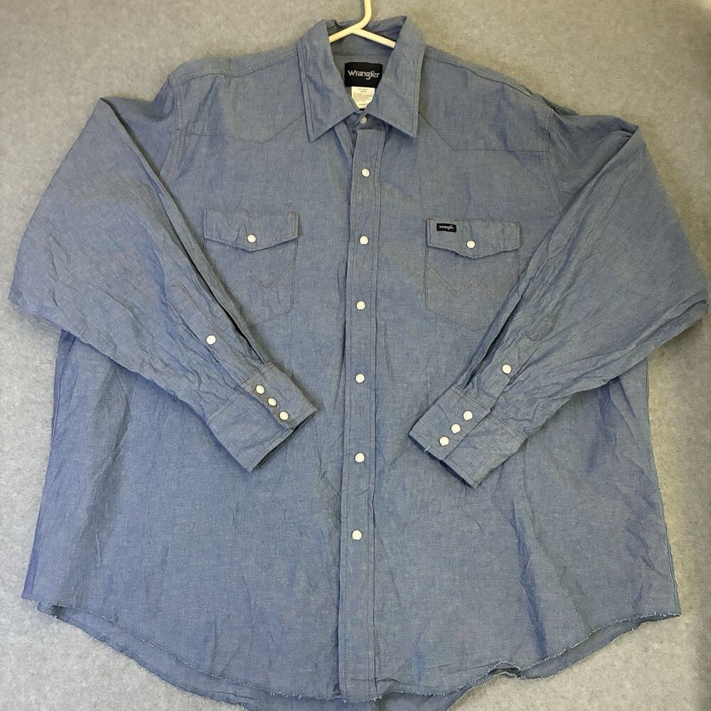 Wrangler Men’s Pearl Snap Western Shirt Blue Chambray Cotton Size 19x35 XL